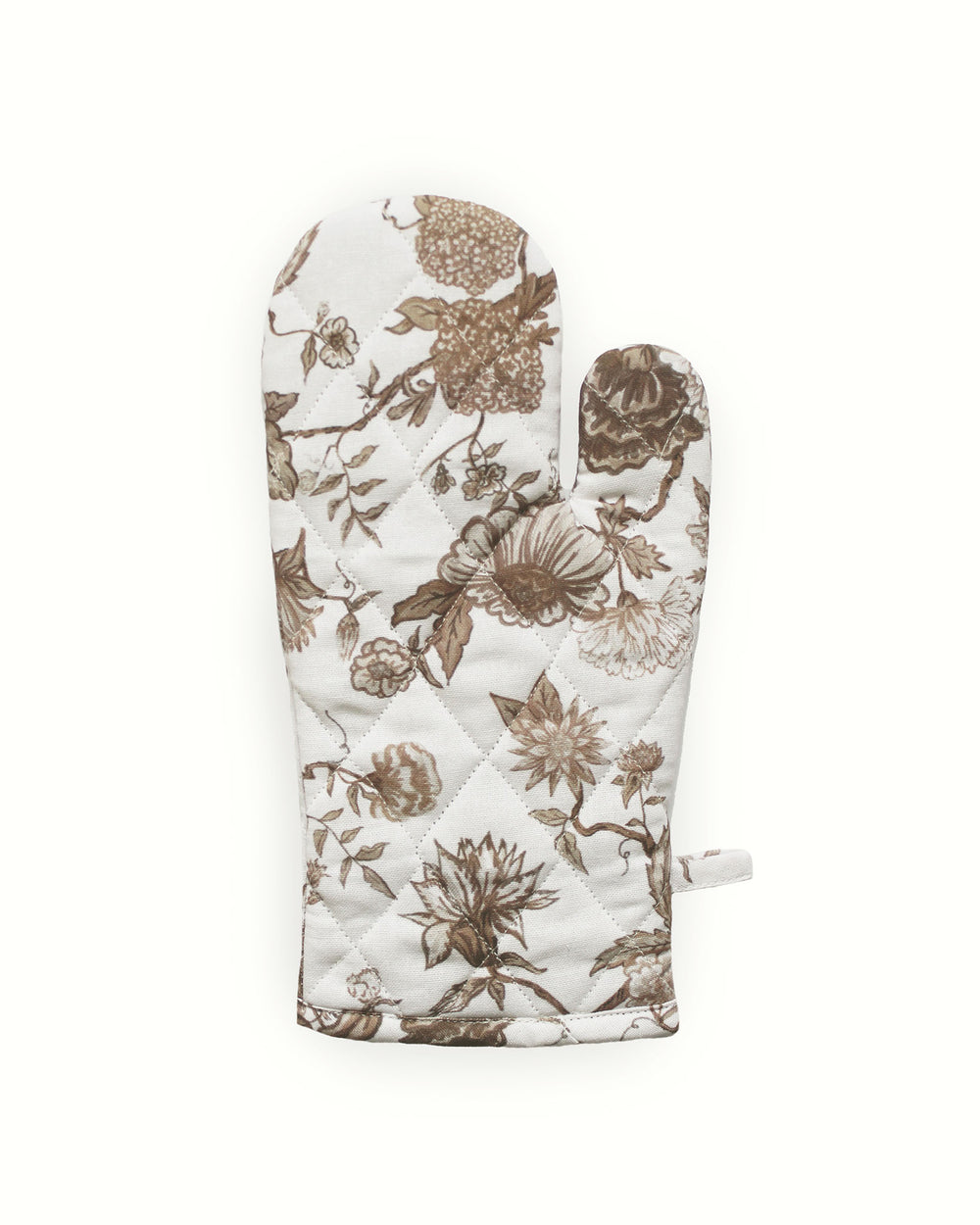 Hand-drawn brown chestnut botanical oven mitts inspired by the beauty of nature and classic heritage textiles. These quilted long kitchen gloves are handcrafted from durable cotton and feature a heavy-duty heat-resistant fill. Perfect for the professional baker or the home cook, the 7x13.5 inch size ensures safe handling of heavy trays and pots. The intricate floral design and diamond stitching provide a sophisticated look, making them a great hostess gift for Easter or spring gatherings.