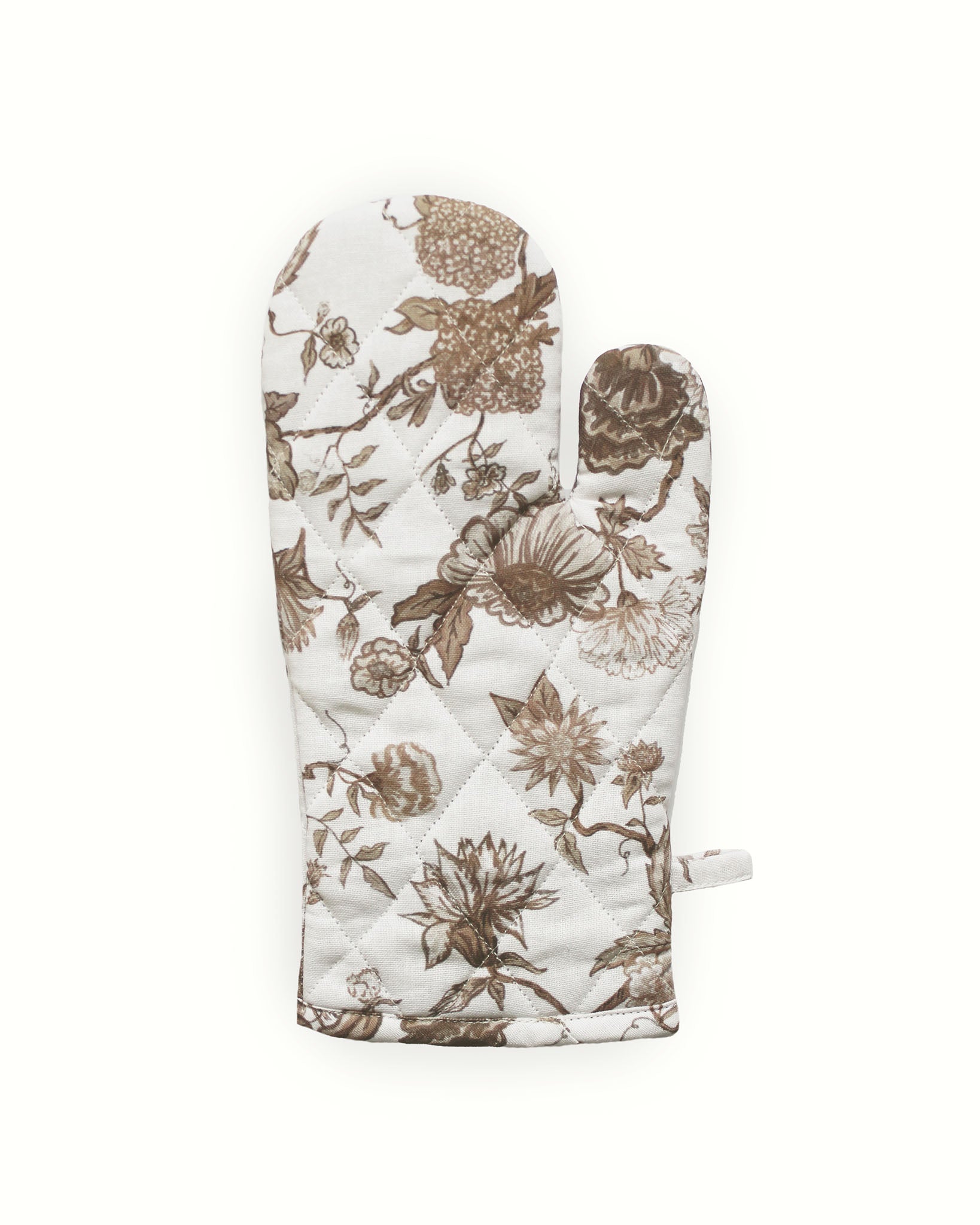 Hand-drawn floral oven mitt set, organic cotton kitchen accessory, perfect Christmas gift for bakers and hosts.