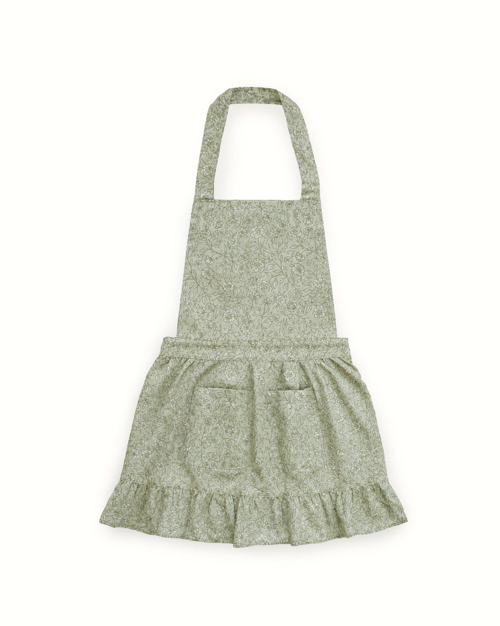 Children’s cotton apron featuring a hand-drawn floral print, ruffled hem, practical pockets, and adjustable ties for a comfortable fit.