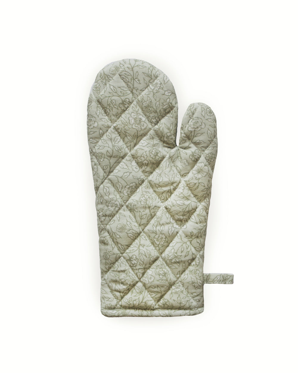 Quilted floral oven mitt made from premium cotton with a hand-drawn botanical print, designed for baking, cooking, and handling hot cookware.