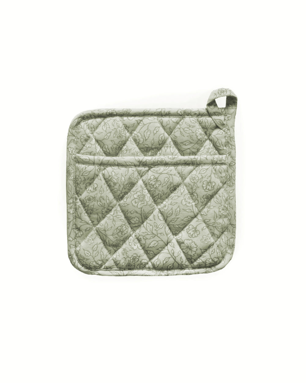 Quilted kitchen pot holder in a hand-drawn floral print, perfect for everyday cooking, holiday baking, and displaying near the stove.