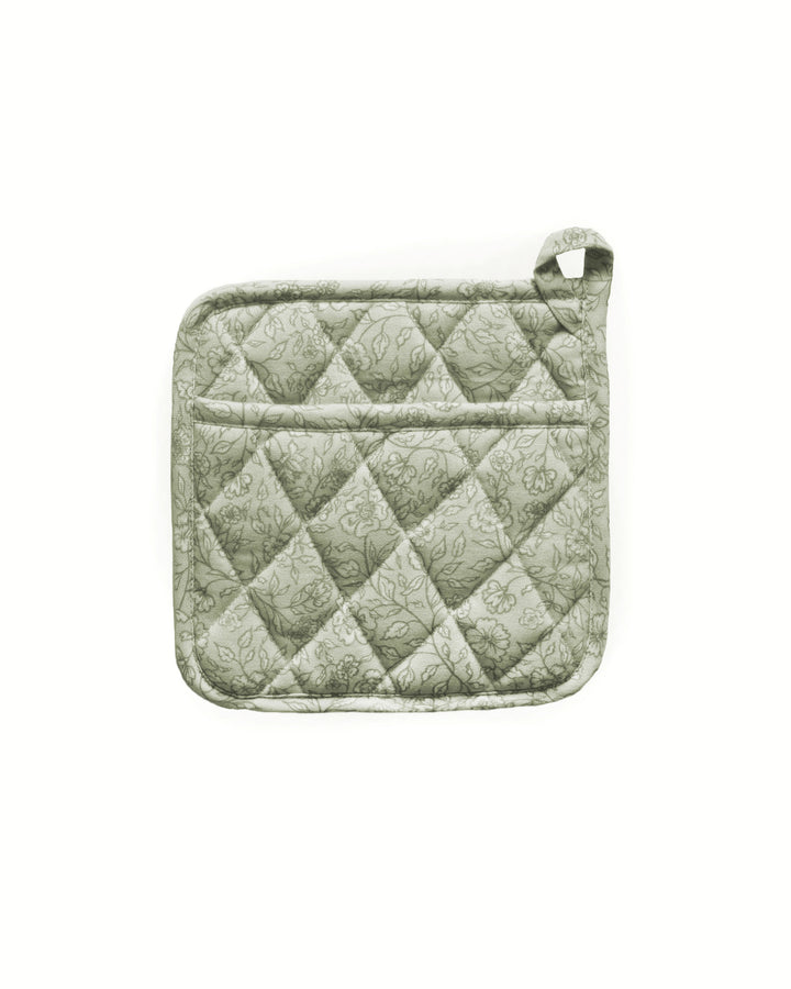 Quilted kitchen pot holder in a hand-drawn floral print, perfect for everyday cooking, holiday baking, and displaying near the stove.