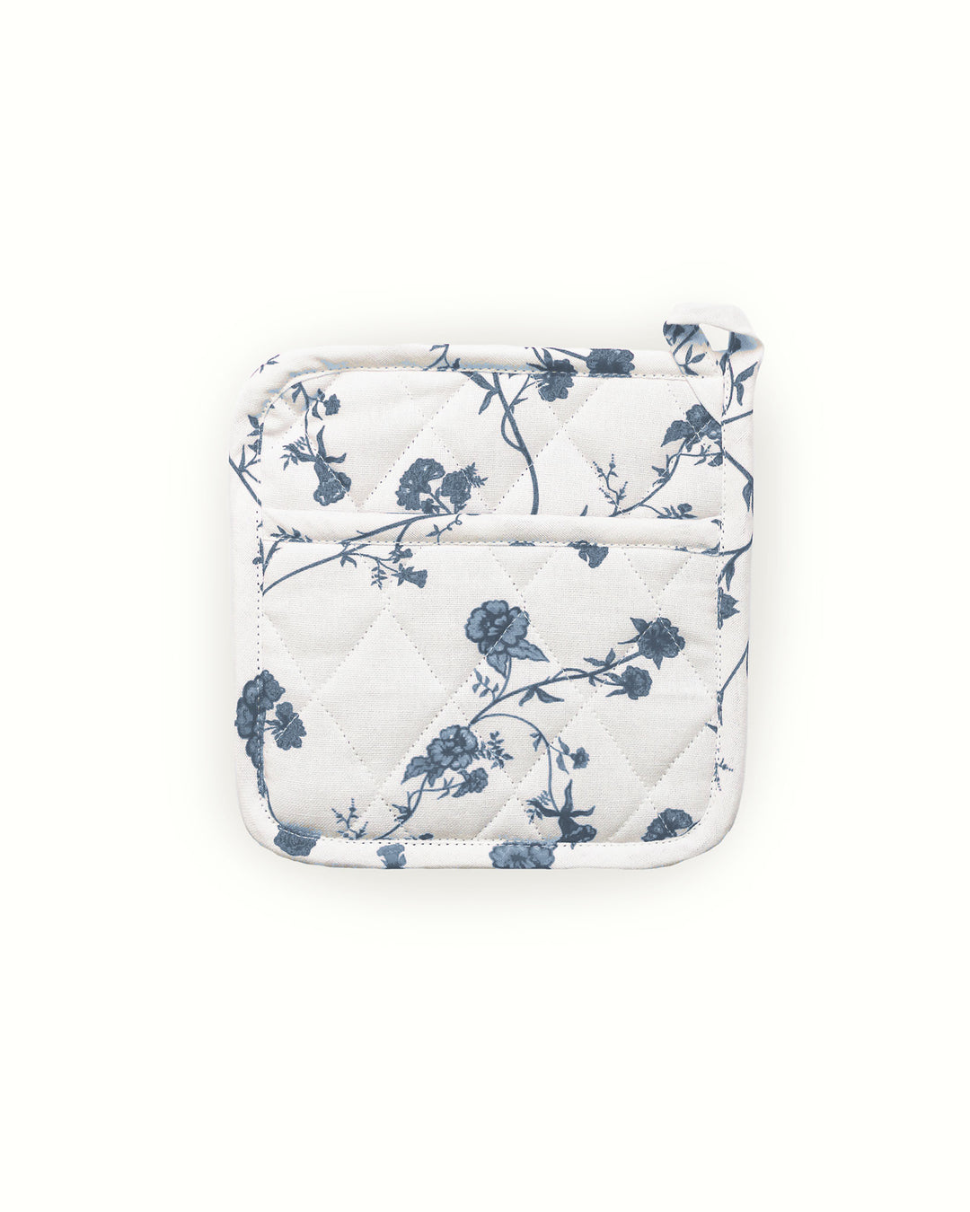 Blue and white Garden Vine pot holders, set of 2 in 100% cotton with diamond stitching, designed to protect hands and surfaces while cooking.
