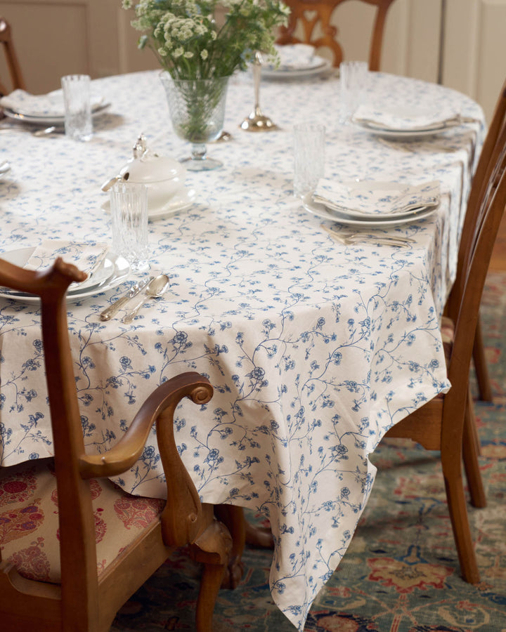 Garden Vine French blue cotton tablecloth with delicate floral vine pattern, round and rectangular sizes for summer tables and refined entertaining