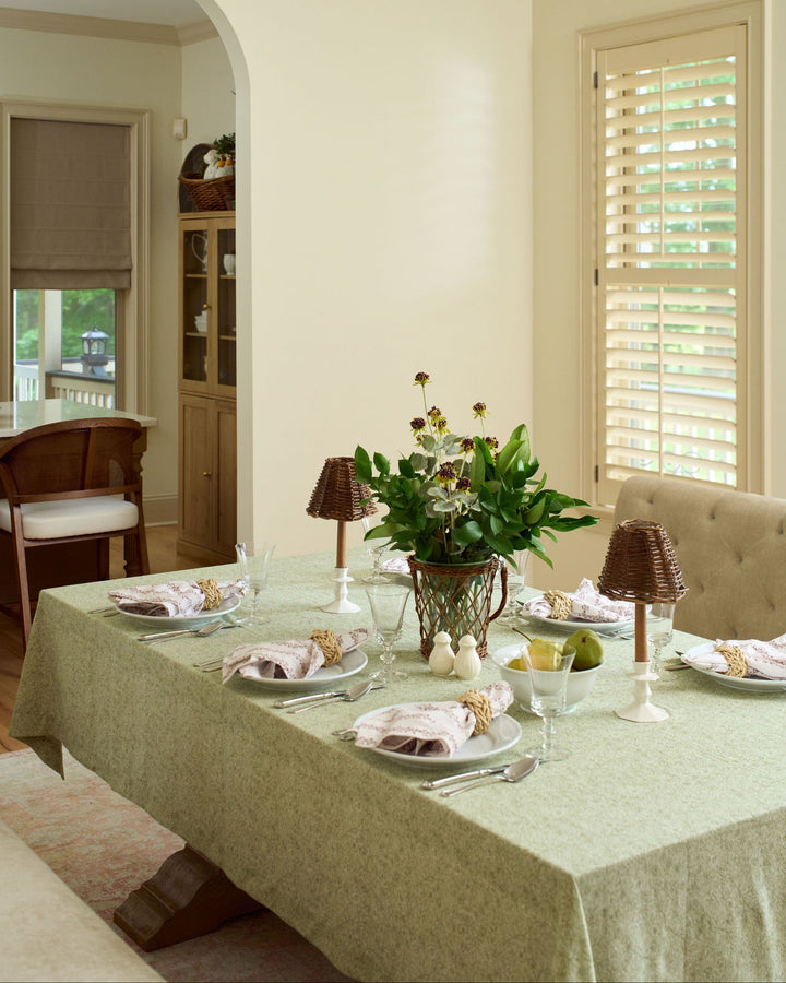 Neutral fall tablecloth with brown and sage green botanicals, perfect for Thanksgiving dinner, autumn entertaining, and classic holiday table decor.