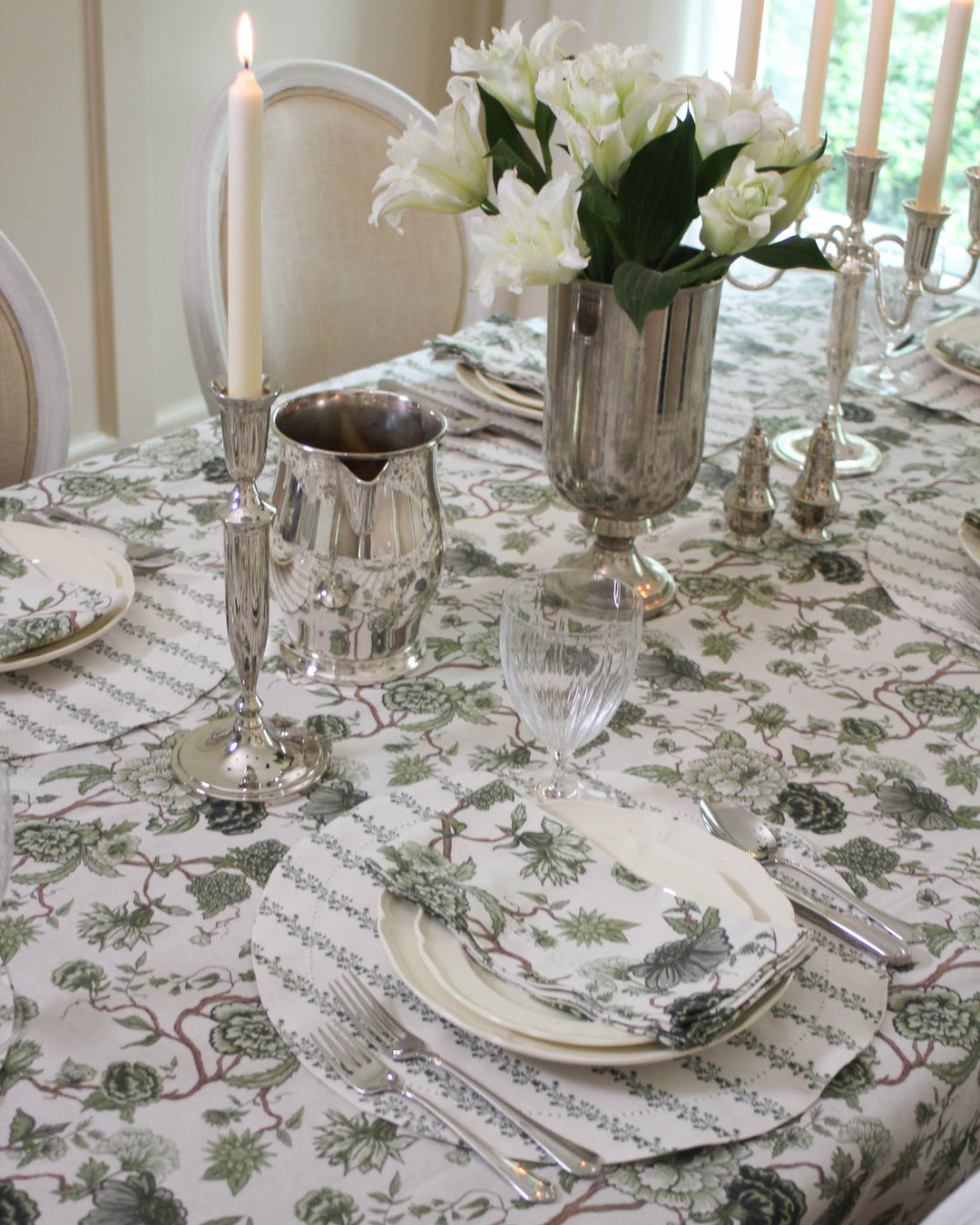 Green floral cotton tablecloth and napkins styled for a summer tablescape, perfect for outdoor dining, hosting, and everyday gatherings