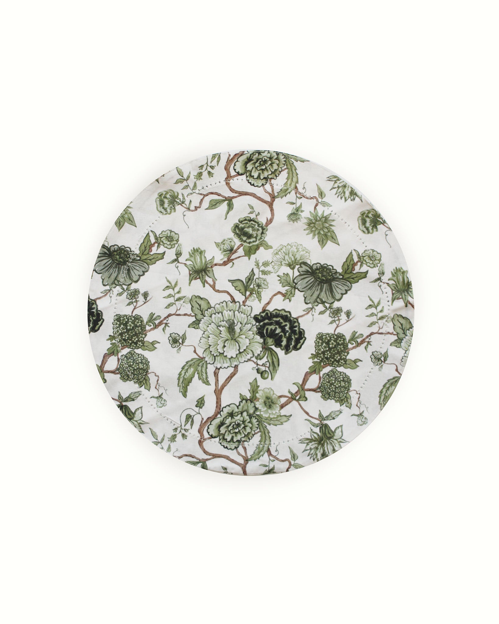 Green floral round placemats with hemstitch detail