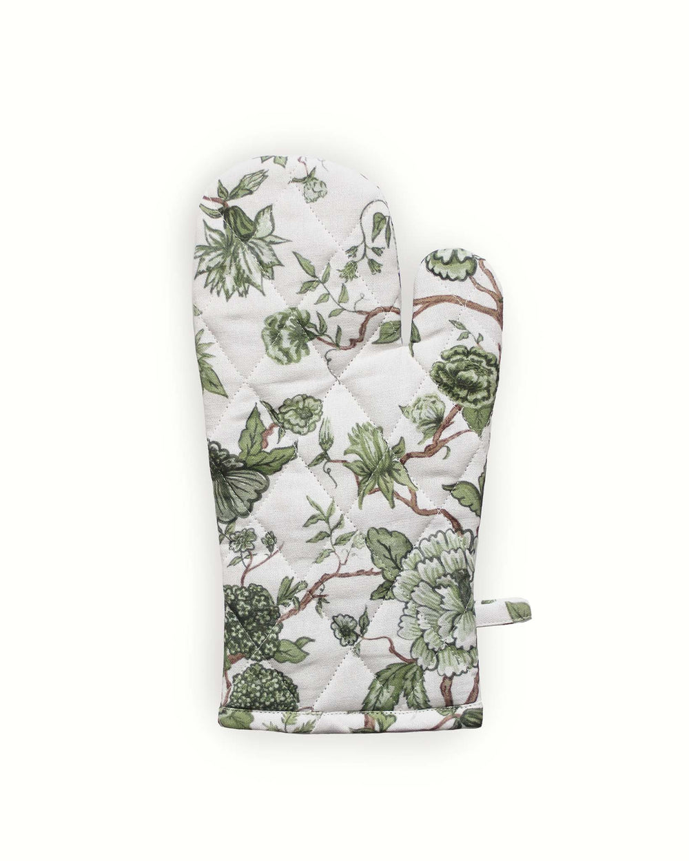 Vintage-inspired green floral oven mitts that offer a timeless aesthetic for the grand millennial kitchen. Handcrafted from high-quality cotton, these long kitchen gloves feature heat-resistant insulation and a quilted diamond pattern. The generous 7x13.5 inch sizing provides excellent protection for safe cooking and baking. These botanical mitts are a charming and practical gift for mom or a favorite baker, blending sustainable recycled cotton fill with a beautiful floral print.