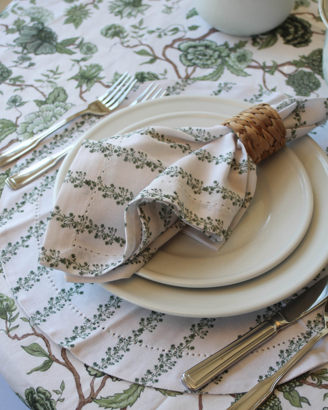 Floral napkins styled for a welcoming table, ideal for hosting friends and family dinners.