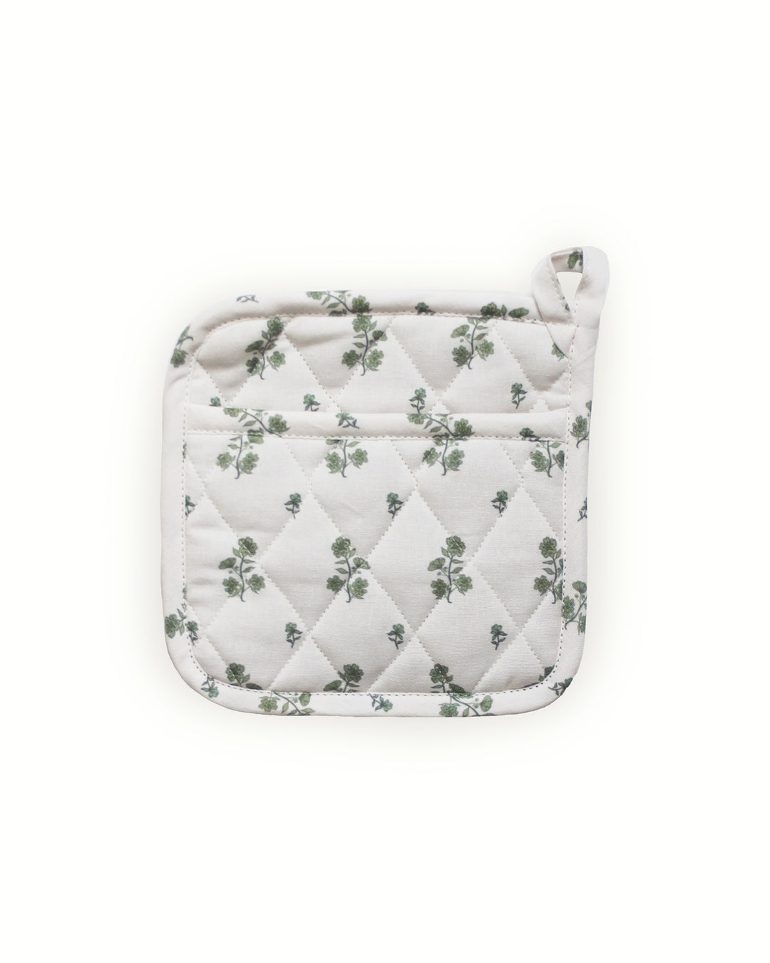 A set of two green floral bouquet print potholders featuring a vibrant botanical design, perfect for grand millennial decor. These 8 inch square quilted potholders for baking and cooking are handcrafted from premium cotton with thick recycled cotton insulation for safe handling of hot dishes and pans. Each woven potholder features a convenient hanging loop. Use them as quilted hot pads or floral hot pads to protect surfaces during Easter baking or a festive Mother's Day brunch.