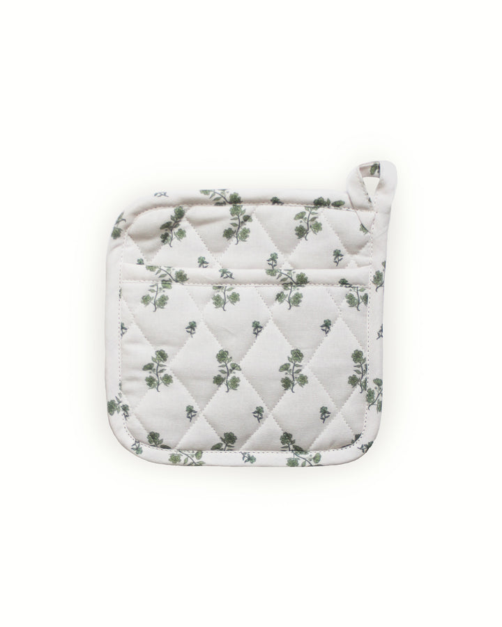 A set of two green floral bouquet print potholders featuring a vibrant botanical design, perfect for grand millennial decor. These 8 inch square quilted potholders for baking and cooking are handcrafted from premium cotton with thick recycled cotton insulation for safe handling of hot dishes and pans. Each woven potholder features a convenient hanging loop. Use them as quilted hot pads or floral hot pads to protect surfaces during Easter baking or a festive Mother's Day brunch.