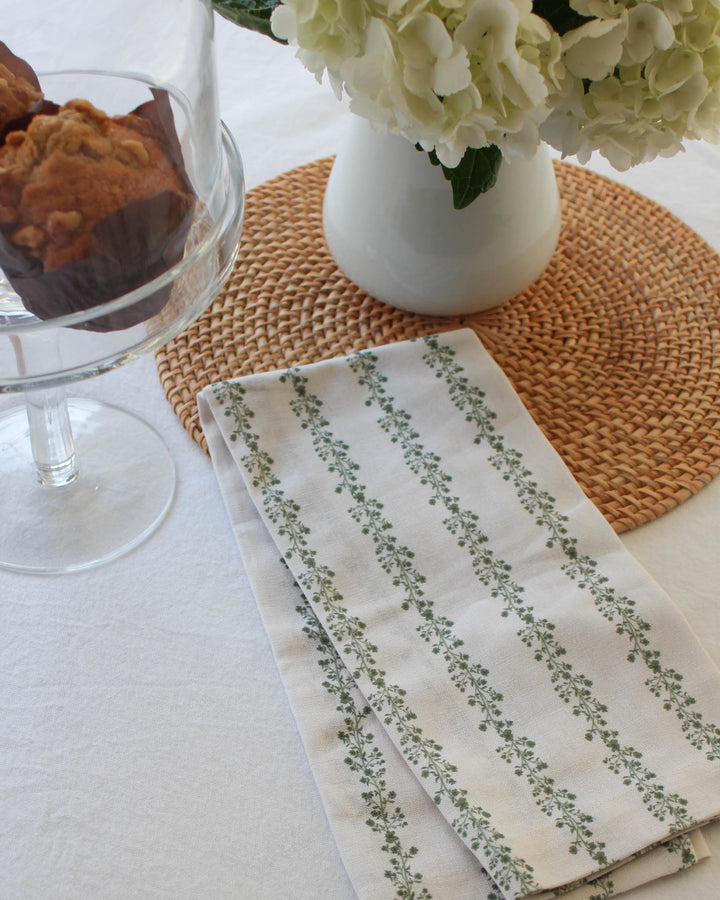 Green stripe floral tea towel in 100% cotton with hanging loop, perfect for sourdough baking and everyday kitchen use.