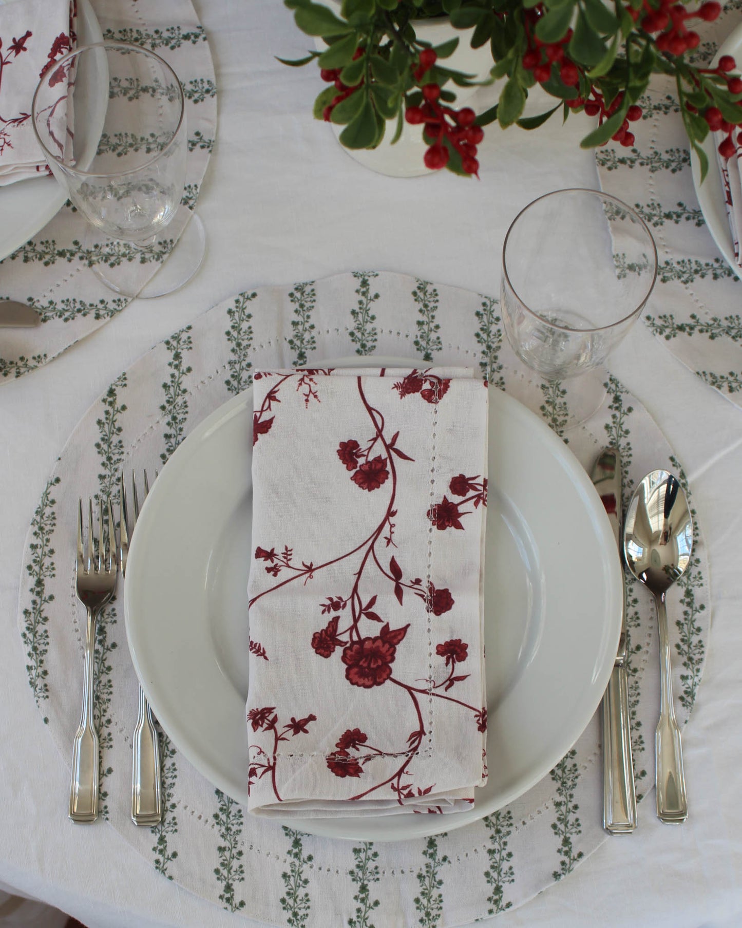 Hand-drawn floral napkins designed for elegant holiday tablescapes and seasonal entertaining.