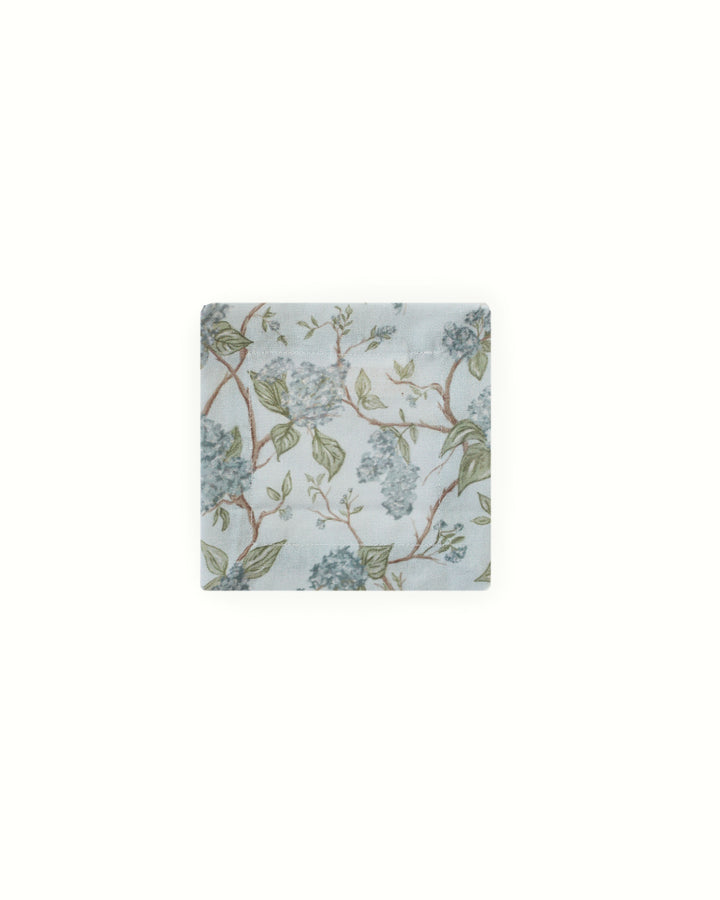 Set of 4 blue floral cocktail napkins, reusable cotton napkins for drinks, appetizers, and gatherings.
