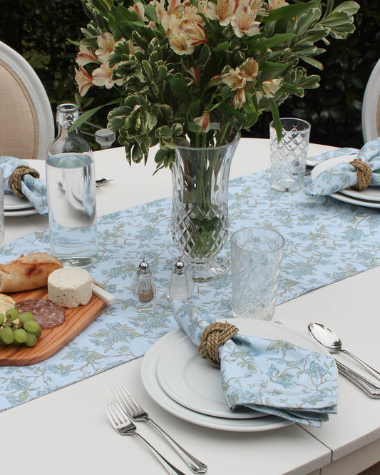 Hyacinth floral table runner made from organic cotton, perfect for spring and summer table settings, everyday dining, and seasonal hosting for Mother's Day.