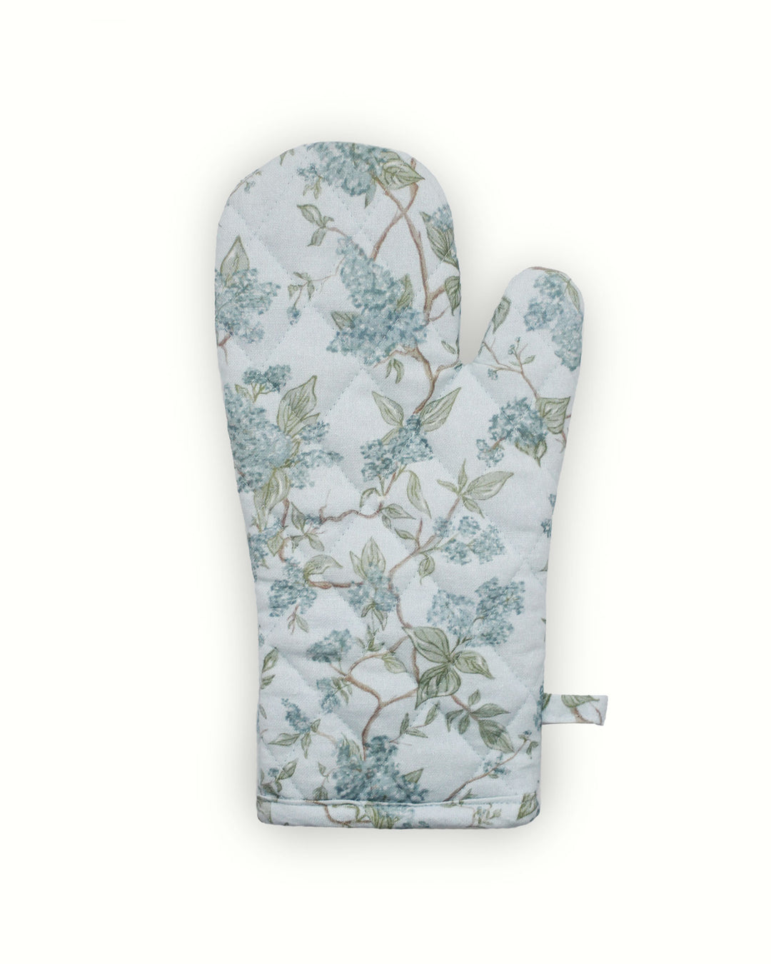 Sustainable oven mitt set made from organic cotton, hand-drawn hyacinth print, eco-friendly kitchen gift for baking and cooking.