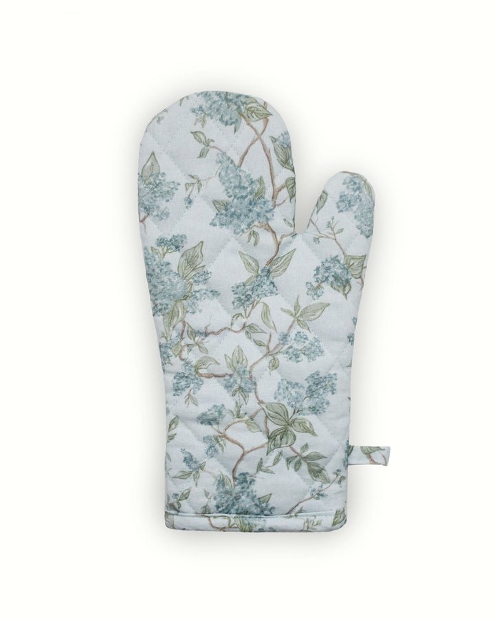 Sustainable oven mitt set made from organic cotton, hand-drawn hyacinth print, eco-friendly kitchen gift for baking and cooking.