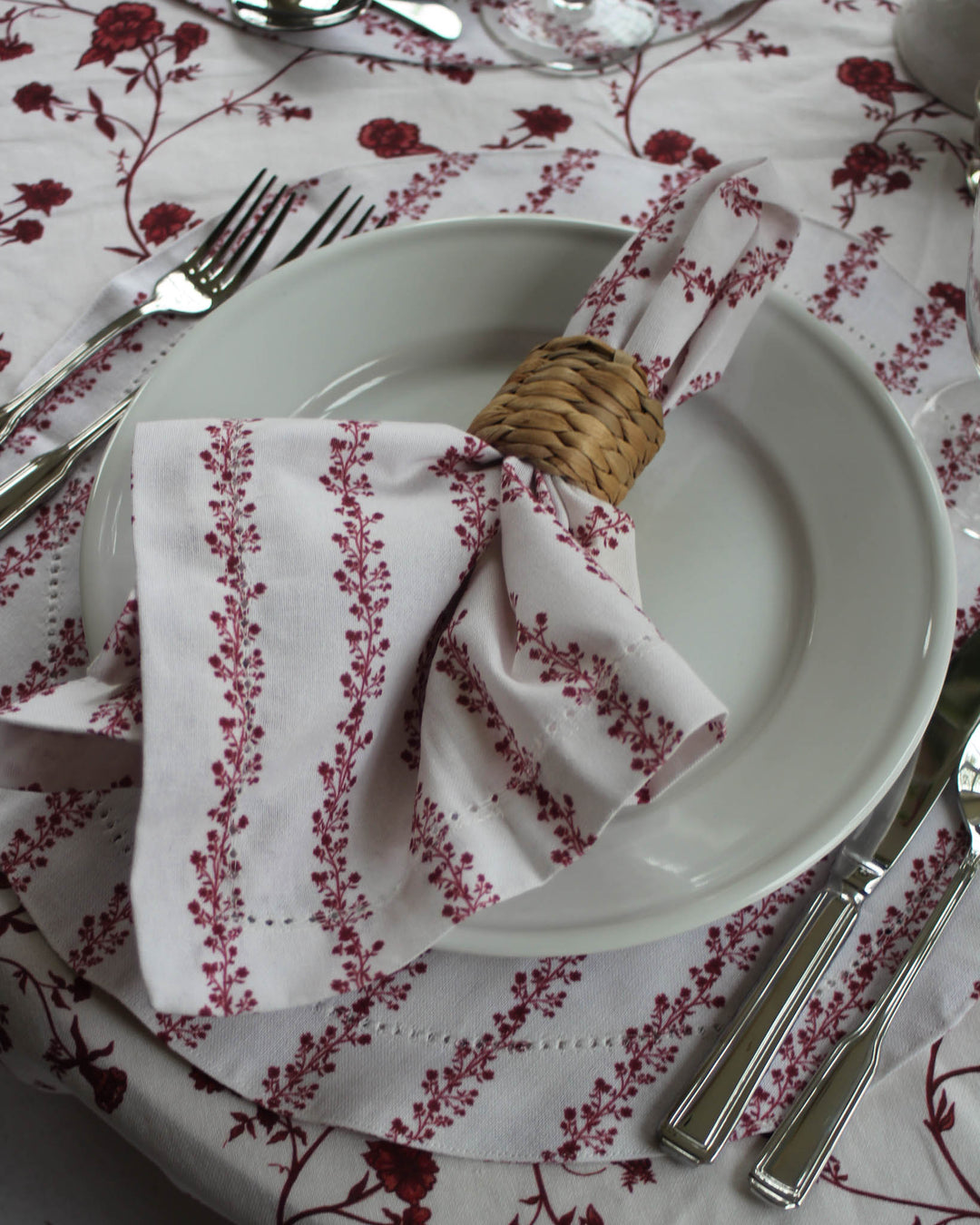 Begonia Stripe Ruby Floral Round Placemats, Set of Four
