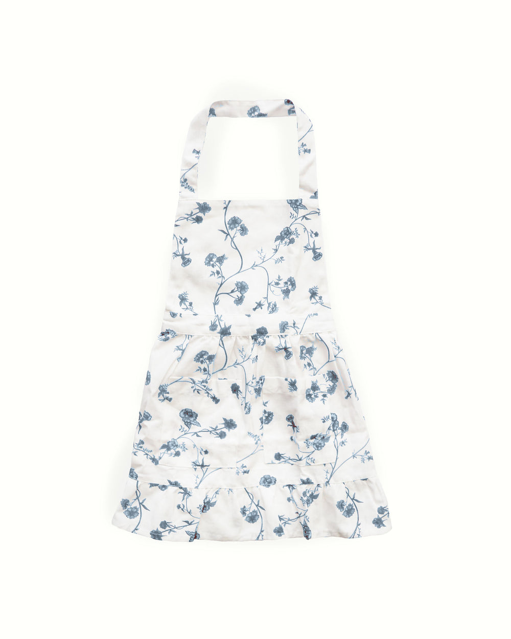 Blue and white Garden Vine little apron for kids, 100% cotton with floral print, designed for baking, dress-up, and creative play.