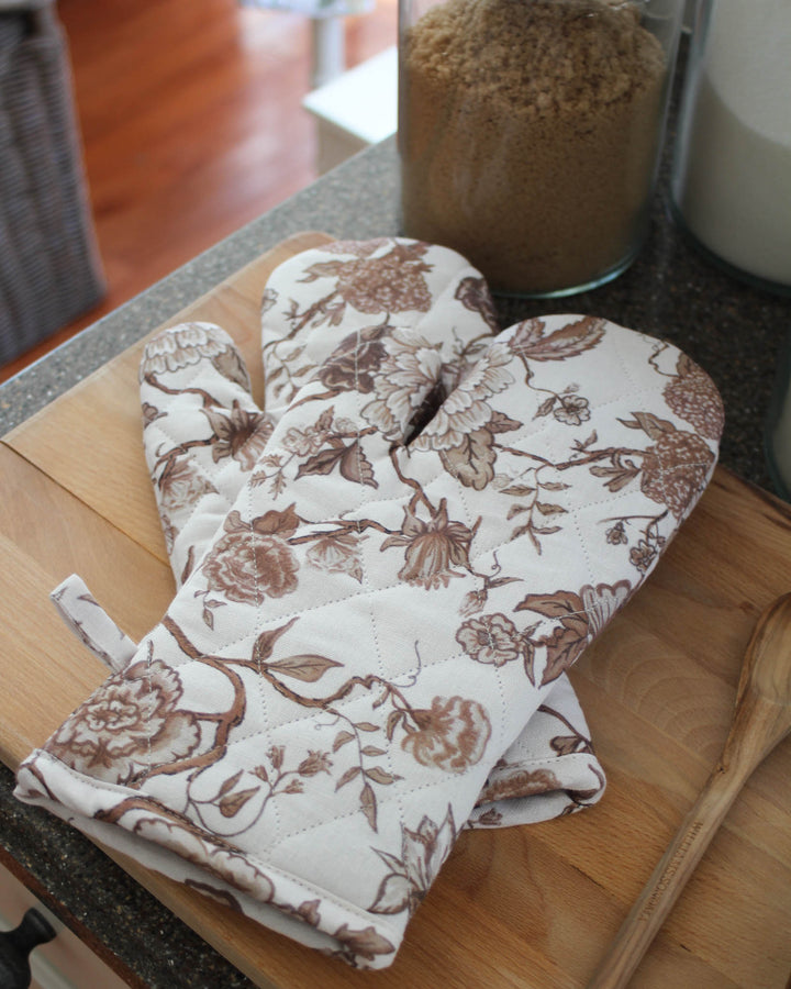Chocolate brown floral kitchen gloves set of 2 in 100% cotton, designed for safe handling while cooking and baking.