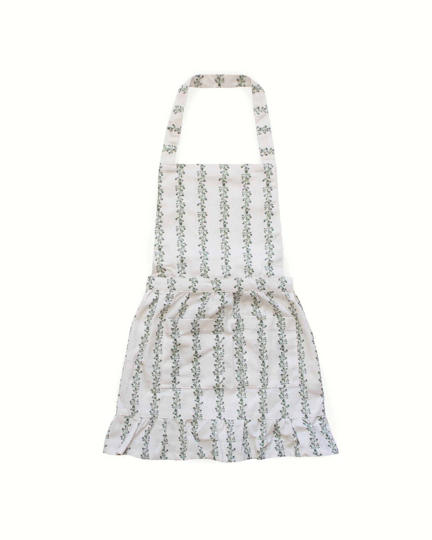 Elegant floral stripe apron, sustainably made from cotton with ruffle detail, pockets and back ties.