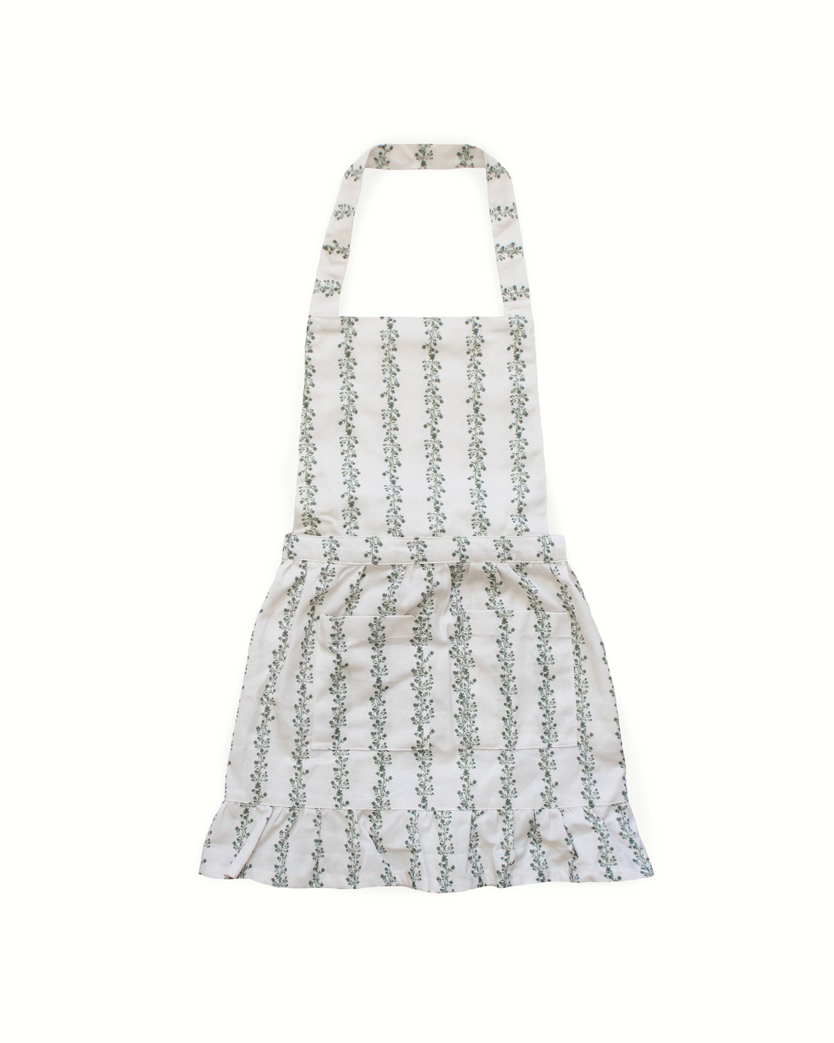 Elegant floral stripe apron, sustainably made from cotton with ruffle detail, pockets and back ties.