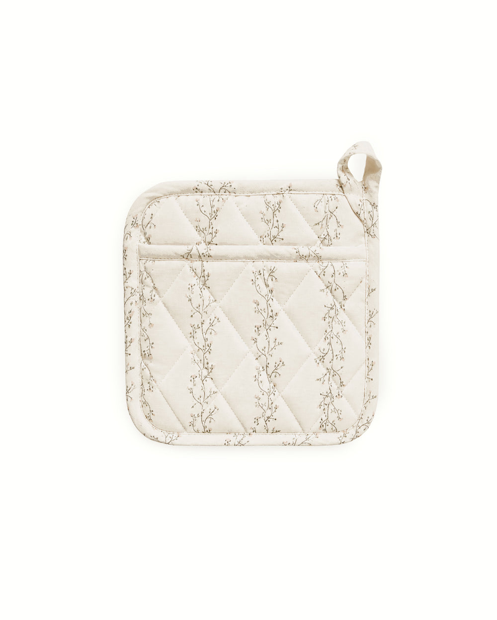 Quilted floral pot holder made from premium cotton with a hand-drawn botanical print, designed for baking, cooking, and everyday kitchen use.