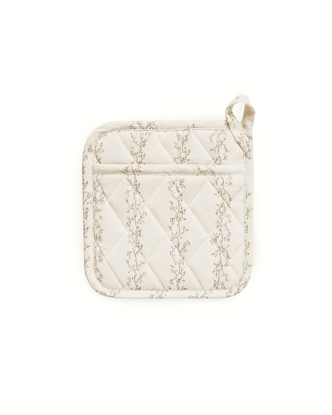 Quilted floral pot holder made from premium cotton with a hand-drawn botanical print, designed for baking, cooking, and everyday kitchen use.