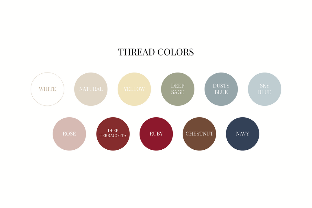 A color chart titled 'THREAD COLORS' on a white background, showing circular swatches labeled White, Natural, Yellow, Deep Sage, Dust Blue, Sea Blue, Rose, Deep Terracotta, Ruby, Chestnut, and Navy.