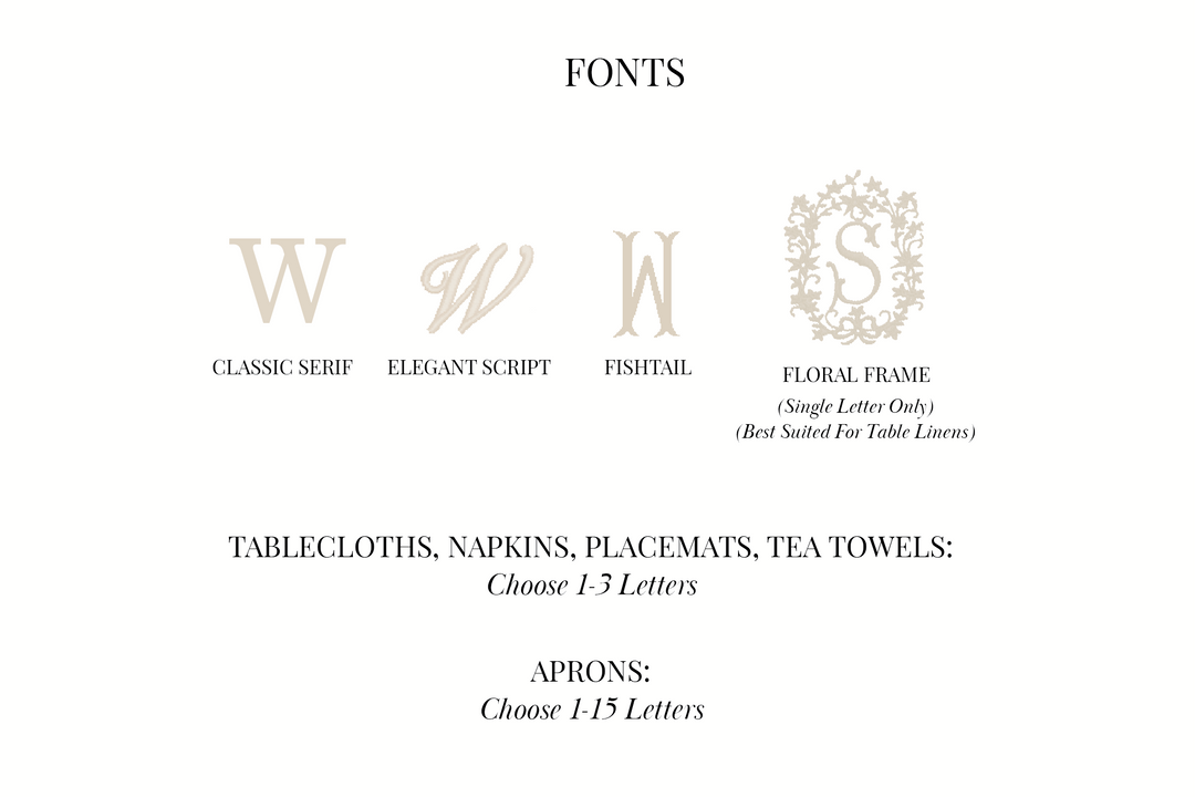 A white page with black text and four decorative letter sample logos under the heading 'FONTS,' showing Classic Serif, Elegant Script, Fishtail, and Floral Frame options.