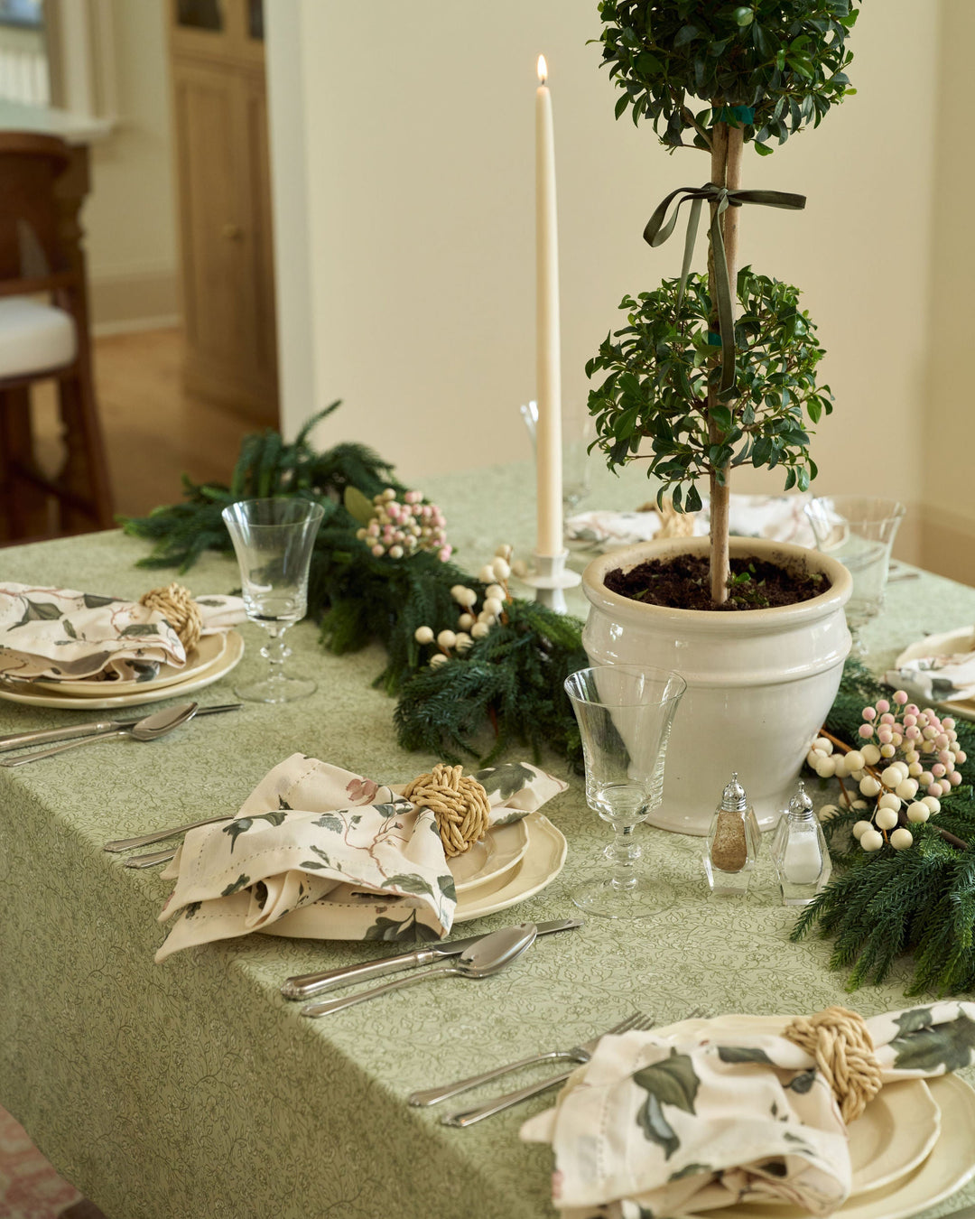 Willamere botanical print tablecloth in soft neutral tones, perfect for Christmas dinner and elegant holiday entertaining.