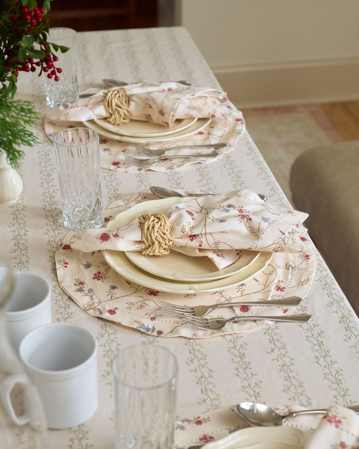 Willamere Antique Floral placemats featuring hand-drawn botanical prints for traditional Christmas table decor and festive holiday hosting.