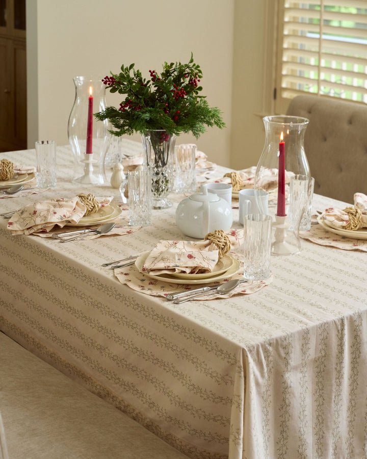 Willamere hand-drawn floral napkins paired with timeless holiday table decor for an elegant neutral Christmas tablescape.
