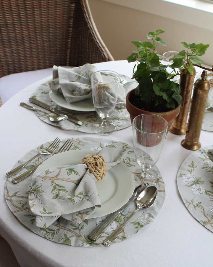 Camellia Floral Napkins set of four by Willamere, featuring a soft hand-drawn floral print on elegant table linens for spring tablescapes, garden parties, bridal showers, Easter brunch, Mother’s Day hosting, and everyday dining.