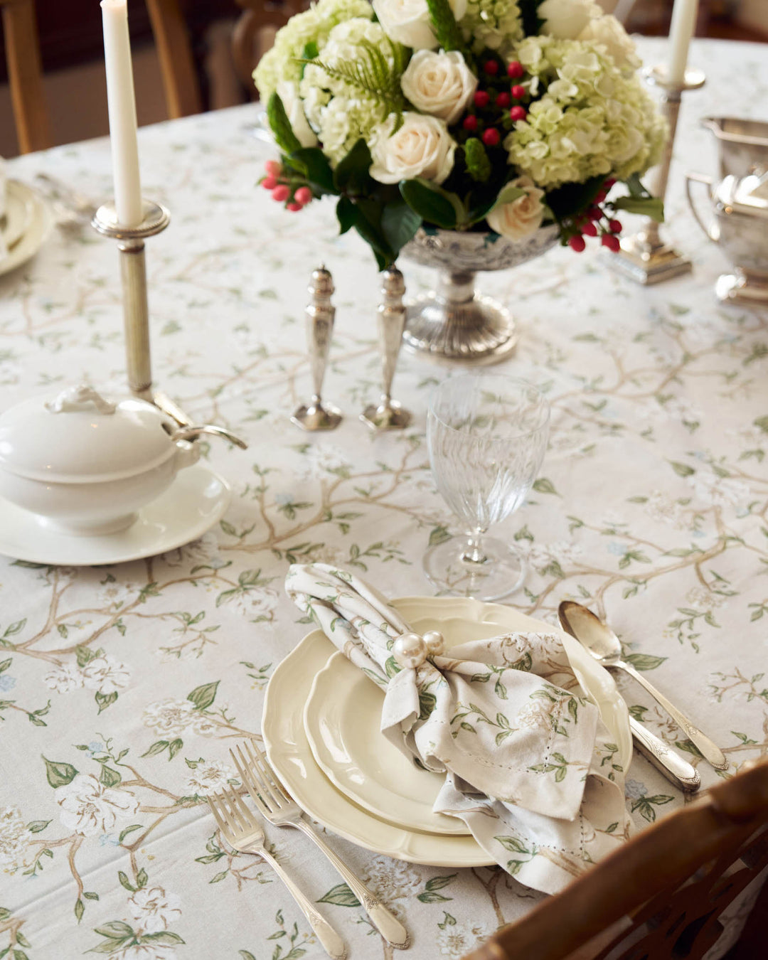 Spring tablescape styled with a neutral camellia cotton tablecloth, designed for elegant gatherings.