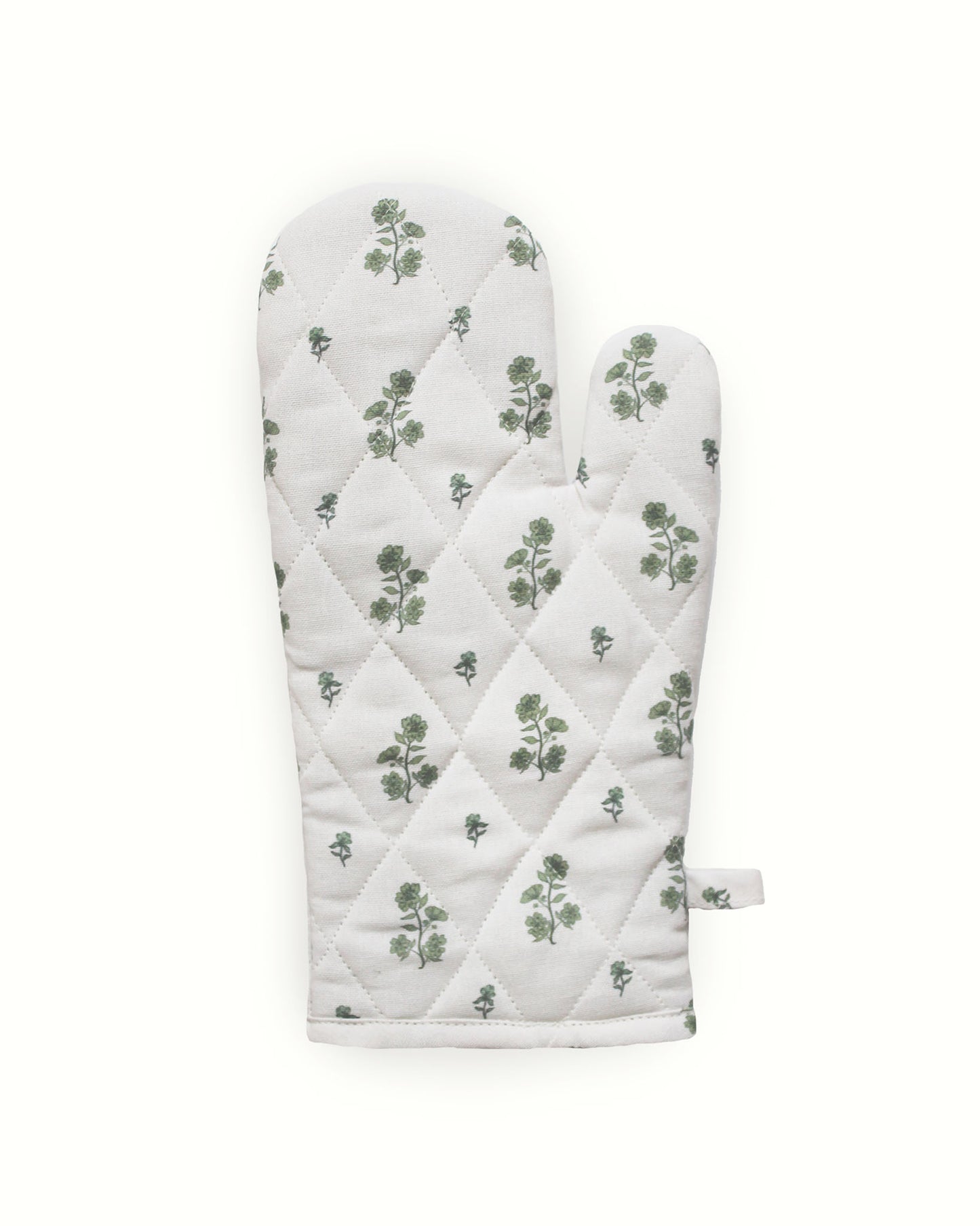 Pair of floral quilted oven mitts made from organic cotton, perfect for holiday cooking, baking, and hosting.