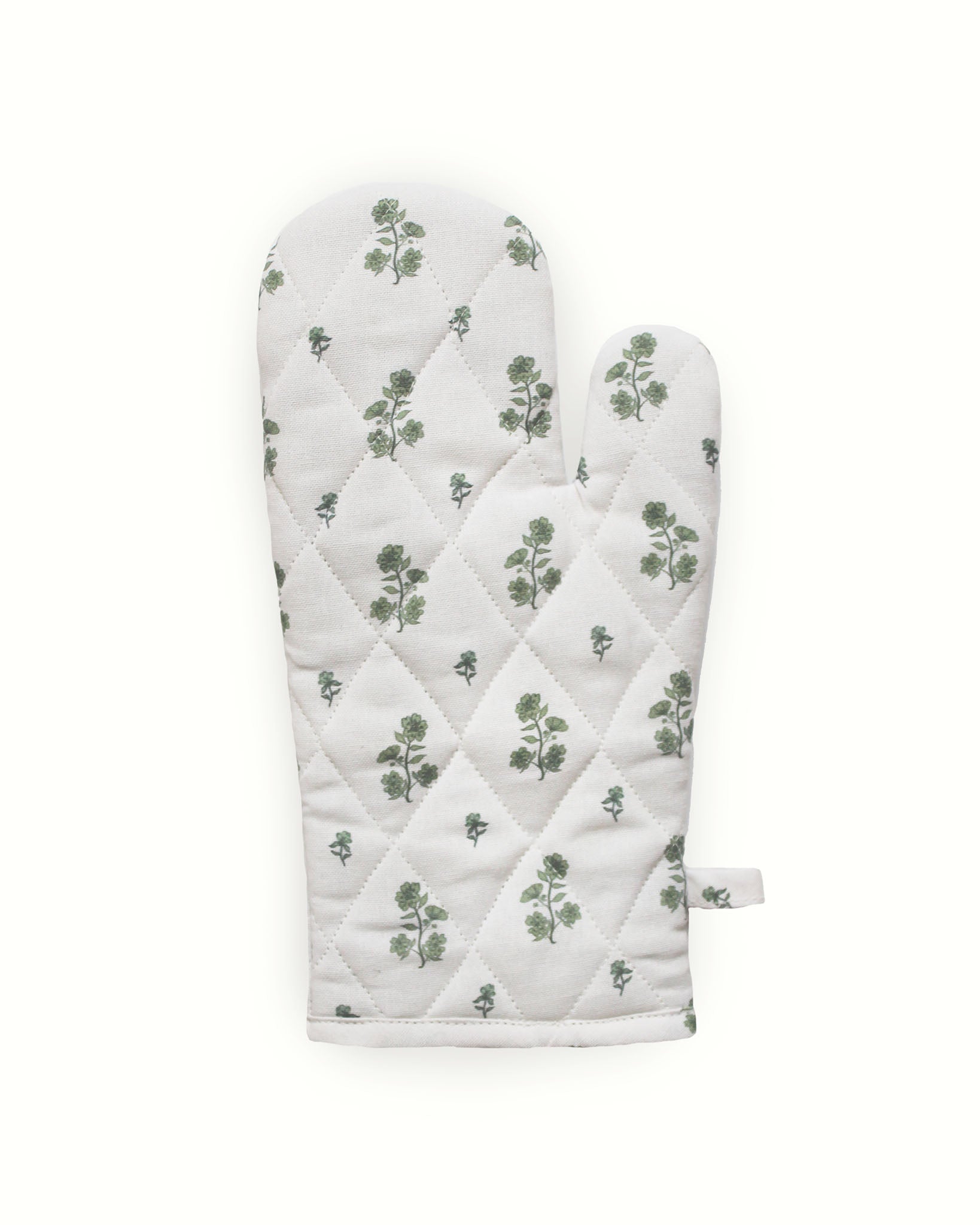 Pair of floral quilted oven mitts made from organic cotton, perfect for holiday cooking, baking, and hosting.