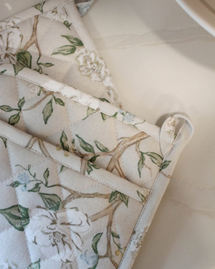 Floral green brown and blue neutral classic floral print pot holder perfect for hostess gifts or wedding present.