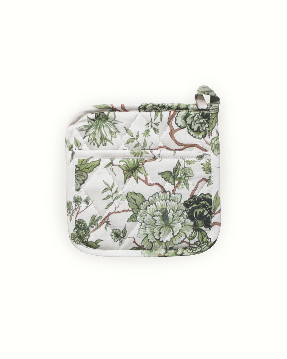 Green floral Florence potholders, set of 2 in 100% cotton with quilted stitching and heat protection for kitchen use. Also, has a hanging loop and a pocket 