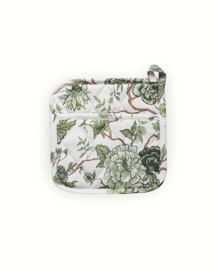 Green floral Florence potholders, set of 2 in 100% cotton with quilted stitching and heat protection for kitchen use. Also, has a hanging loop and a pocket 