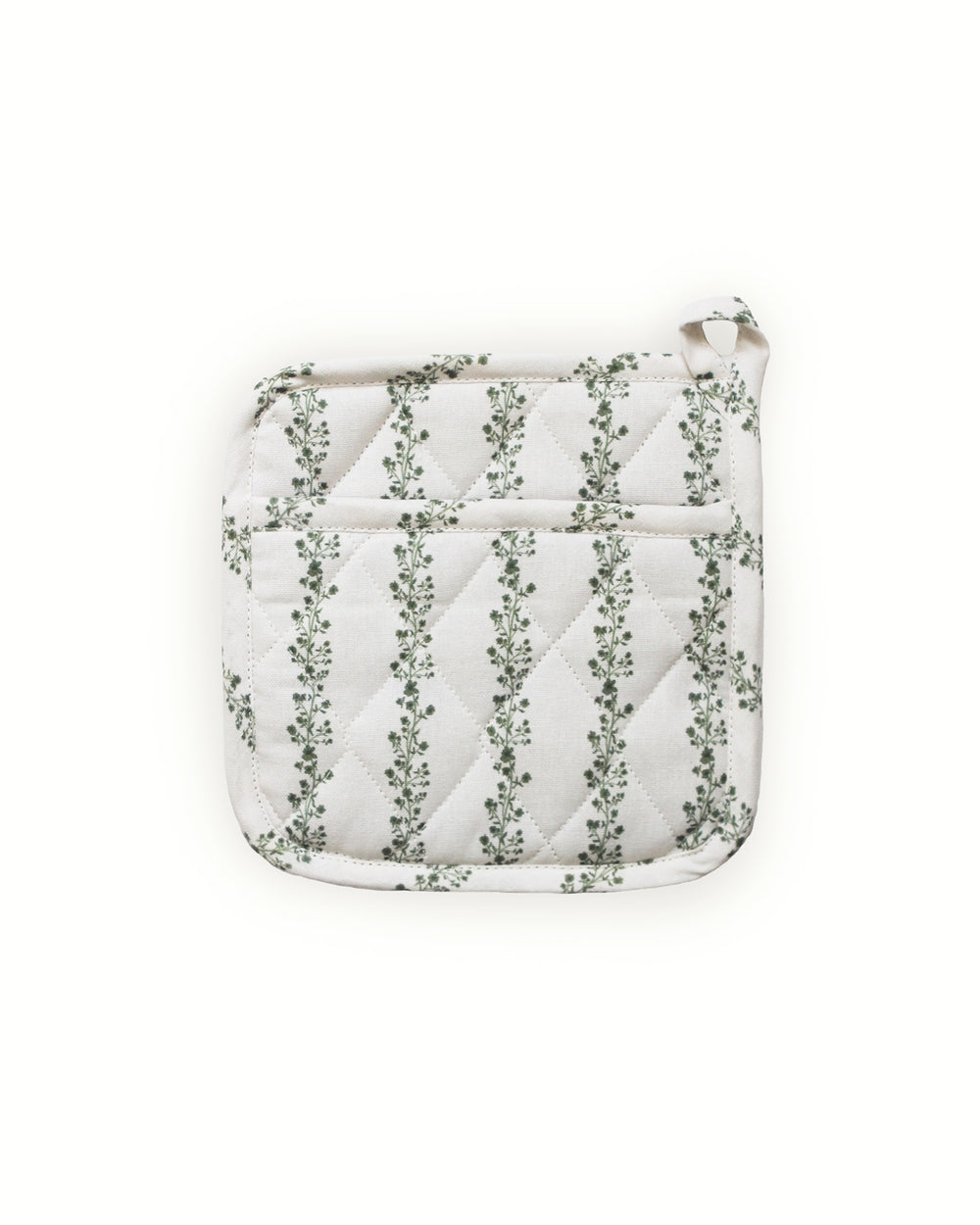 Elevate your country kitchen accessories with this green floral stripe quilted cotton potholder set of 2. These 8x8 quilted hot pads feature a rustic flower and stripe pattern ideal for spring. Made of premium cotton with recycled cotton insulation, they ensure safe handling of hot trays and pans. These woven potholders include loops for easy display. Perfect as a quilted trivet for Easter baking or a Mother's Day gift for her. Packaged as a set of 2 pot holders for busy bakers.