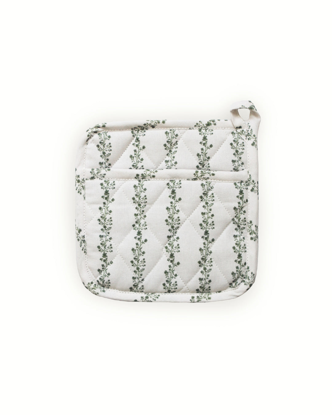 Elevate your country kitchen accessories with this green floral stripe quilted cotton potholder set of 2. These 8x8 quilted hot pads feature a rustic flower and stripe pattern ideal for spring. Made of premium cotton with recycled cotton insulation, they ensure safe handling of hot trays and pans. These woven potholders include loops for easy display. Perfect as a quilted trivet for Easter baking or a Mother's Day gift for her. Packaged as a set of 2 pot holders for busy bakers.