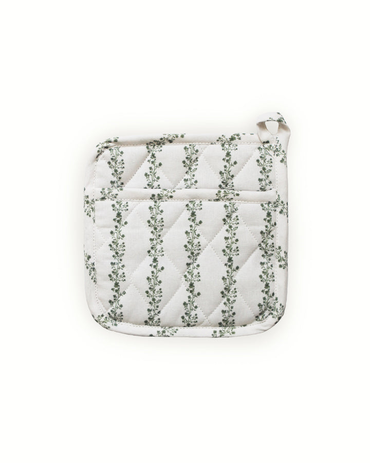 Elevate your country kitchen accessories with this green floral stripe quilted cotton potholder set of 2. These 8x8 quilted hot pads feature a rustic flower and stripe pattern ideal for spring. Made of premium cotton with recycled cotton insulation, they ensure safe handling of hot trays and pans. These woven potholders include loops for easy display. Perfect as a quilted trivet for Easter baking or a Mother's Day gift for her. Packaged as a set of 2 pot holders for busy bakers.