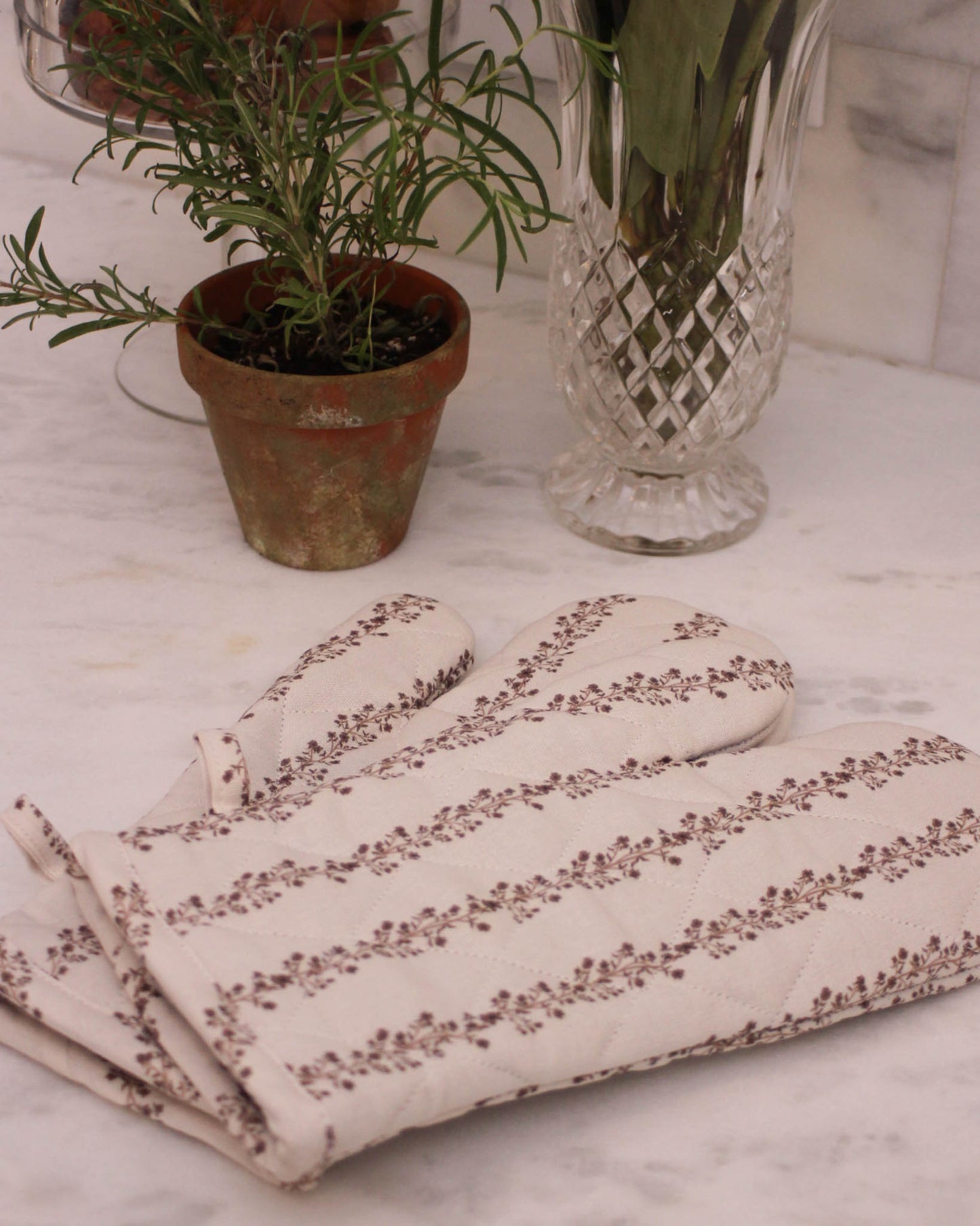 Begonia stripe oven mitts set of 2 with hand-drawn floral pattern and quilting