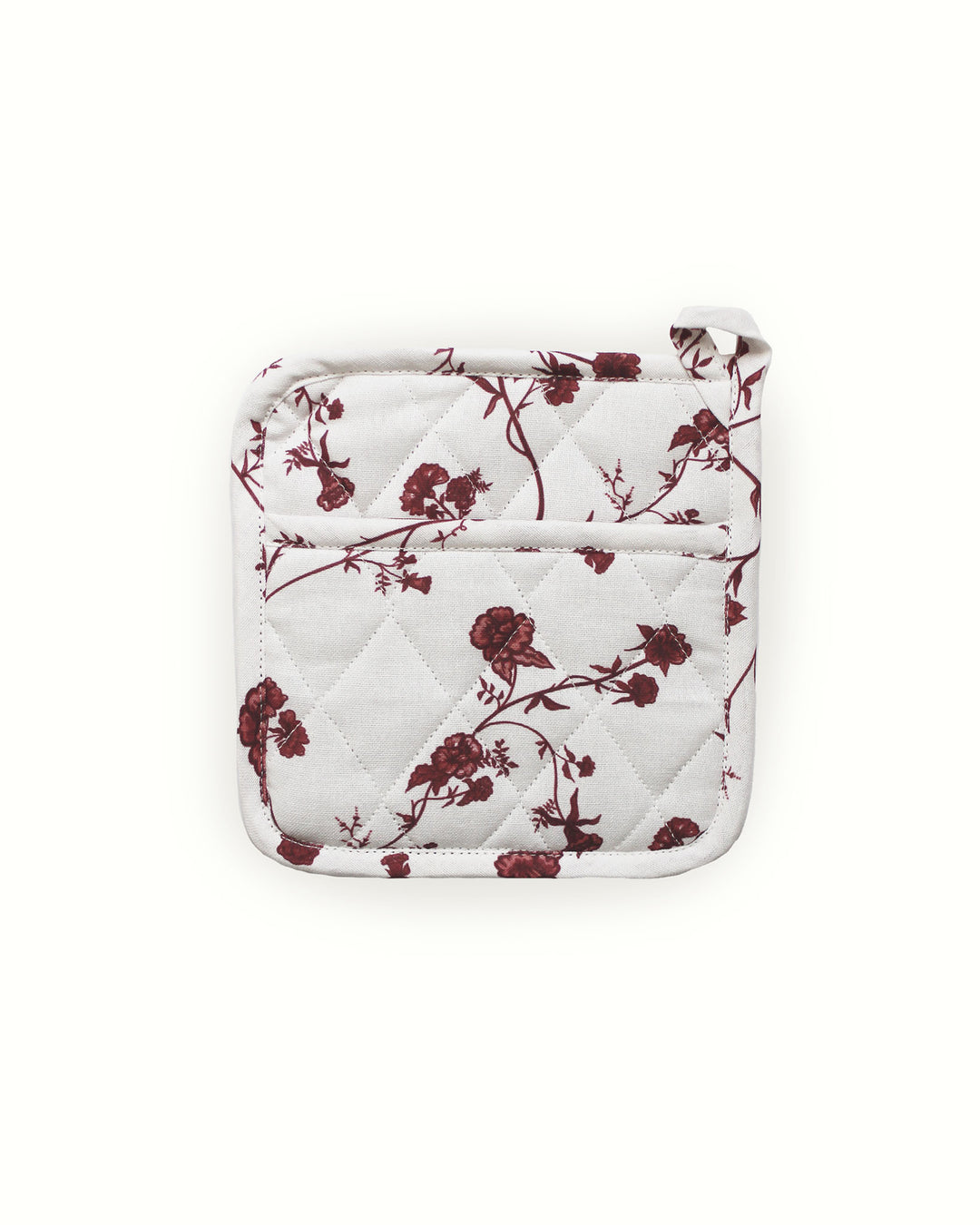 Add elegance and protection to your cottage core kitchen with these red botanical floral potholders. This set of two quilted hot pads is made from durable cotton with a heat-resistant fill, perfect for daily use or festive holiday hosting. Each 8-inch square potholder features intricate diamond stitching for extra strength and a handy hanging loop for easy storage. These stylish red floral hot pads double as trivets, making them a practical and charming gift for any home chef or baker.
