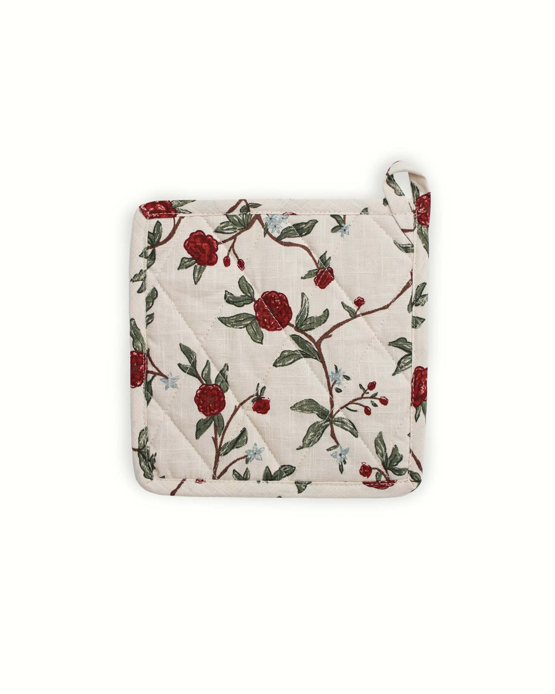 Elevate your country kitchen accessories with this red and green floral quilted cotton potholder set of 2. These 8x8 quilted hot pads feature a rustic flower pattern ideal for spring. Made of durable premium cotton with recycled cotton insulation, they ensure safe handling of hot trays and pans. These woven potholders include loops for easy display. Perfect as a quilted trivet for Easter baking or a Mother's Day gift for her. Packaged as a set of 2 pot holders for busy home cooks.