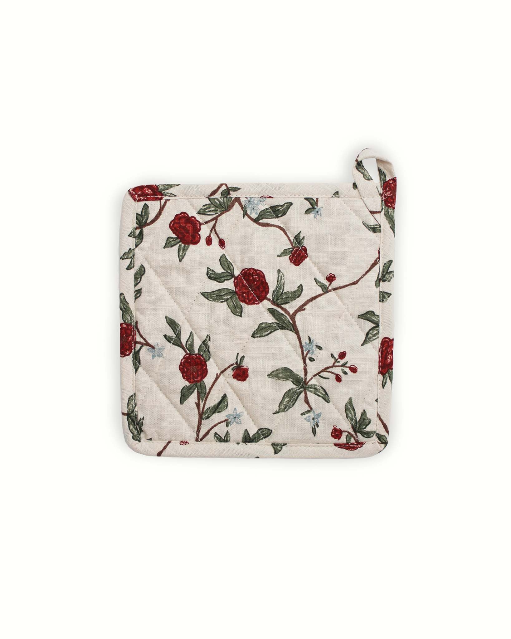 Red floral Christmas pot holder set in quilted organic cotton