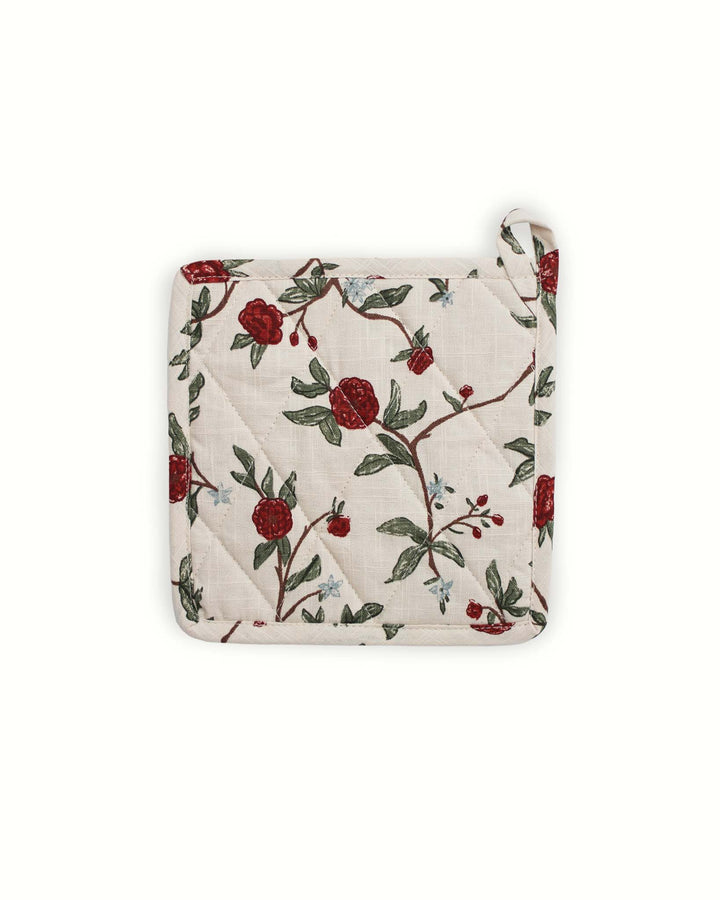 Elevate your country kitchen accessories with this red and green floral quilted cotton potholder set of 2. These 8x8 quilted hot pads feature a rustic flower pattern ideal for spring. Made of durable premium cotton with recycled cotton insulation, they ensure safe handling of hot trays and pans. These woven potholders include loops for easy display. Perfect as a quilted trivet for Easter baking or a Mother's Day gift for her. Packaged as a set of 2 pot holders for busy home cooks.