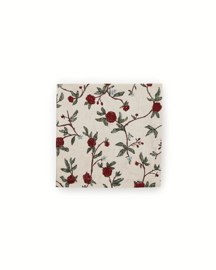 Embrace a vintage look with these red and green floral print napkins, perfect for the grand millennial home. This set of 4 cotton napkins features a storied botanical design that feels like a vintage find. Measuring 20x20 inches, they are the ideal size for a formal Mother's Day brunch or a festive Easter lunch. These linens make a beautiful gift for a chef or hostess, providing a sophisticated backdrop for memories made around the table during your most cherished spring celebrations.