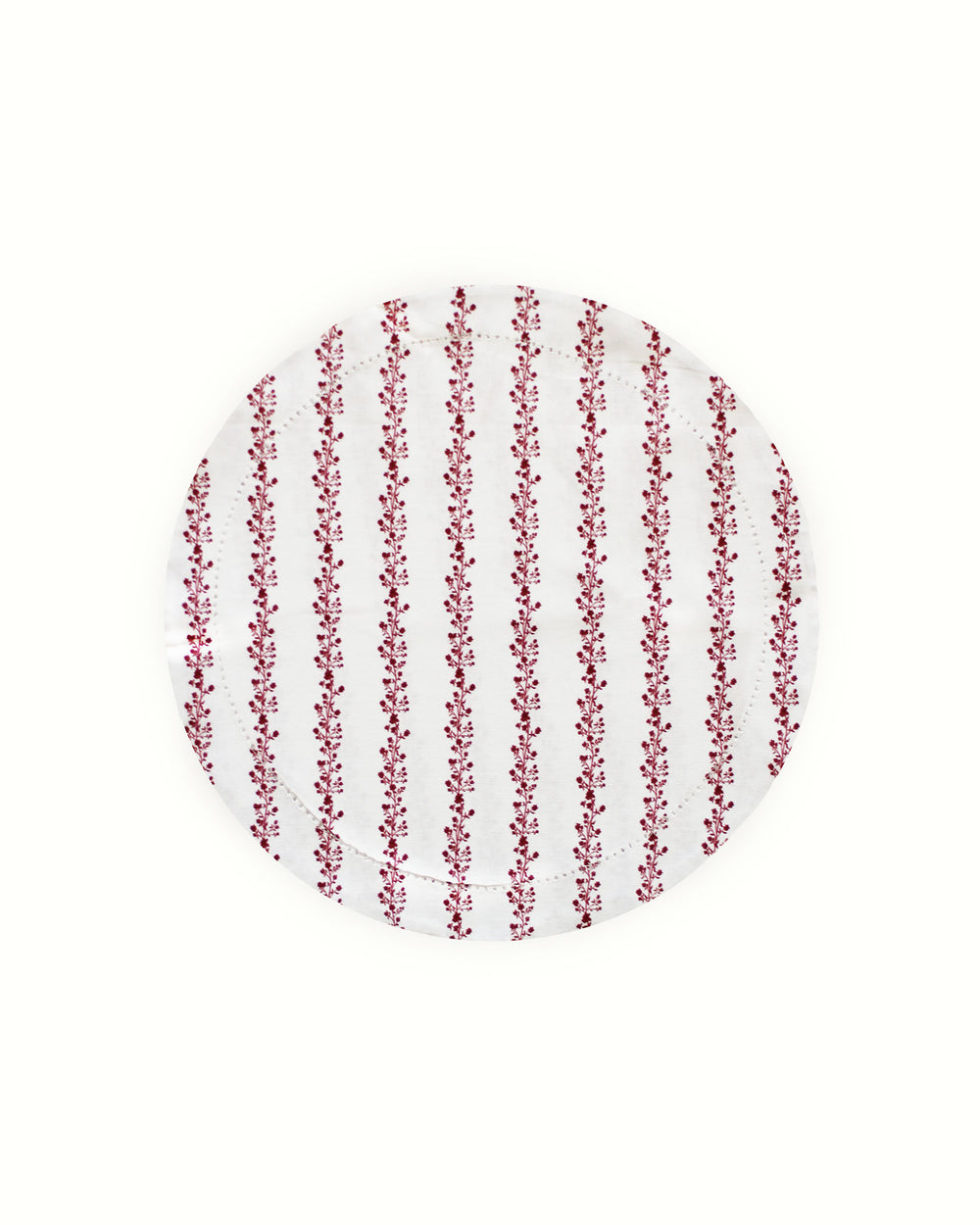 Achieve a perfectly layered look by pairing these red floral stripe round placemats with crisp white napkins. The vibrant red botanical print and striped background offer a rich visual story for your Easter table decor. These reusable cotton placemats are accented with a traditional hemstitched finish, providing an artisan feel to your collection. Perfect for a garden wedding or summer brunch, these washable placemats are a timeless choice for anyone pursuing a French country style.